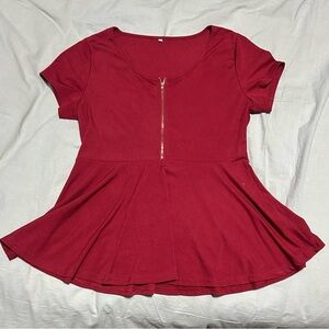 Red Ribbed Zip Front Peplum Top | Size 1X | Short Sleeve | Stretch Knit | Flowy